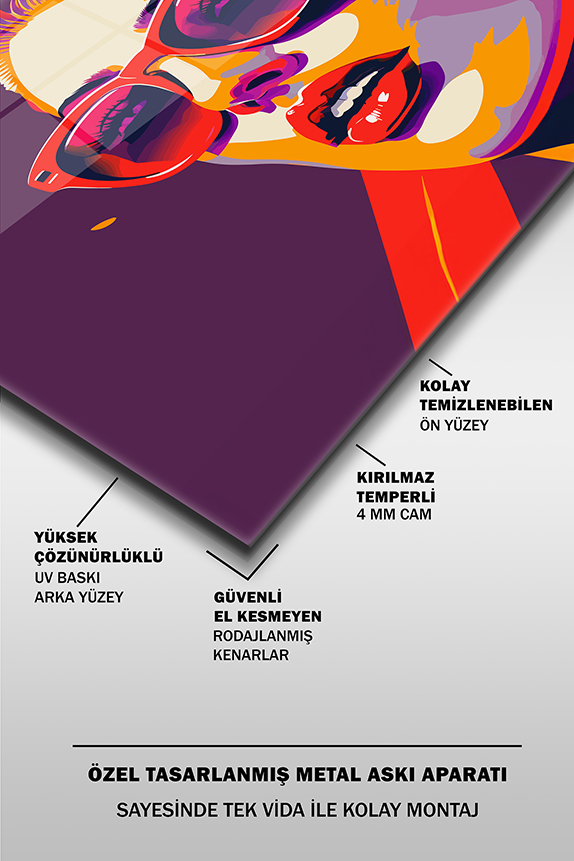 Güneş%20Gözlüklü%20Kadın%20Pop%20Art%20Portre%20Yatay%20Cam%20Tablo