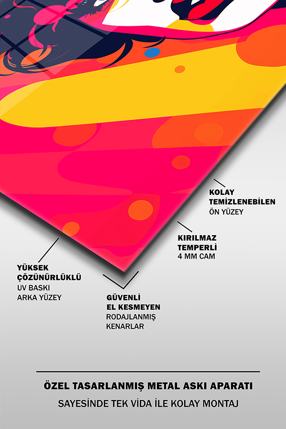 Kısa%20Saçlı%20Pop%20Art%20Kadın%20Portre%20Yatay%20Cam%20Tablo