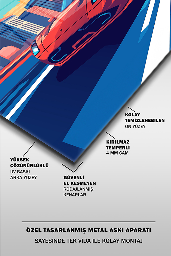 Spor%20Araba%20ve%20Şehir%20İllustrasyon%20Yatay%20Cam%20Tablo