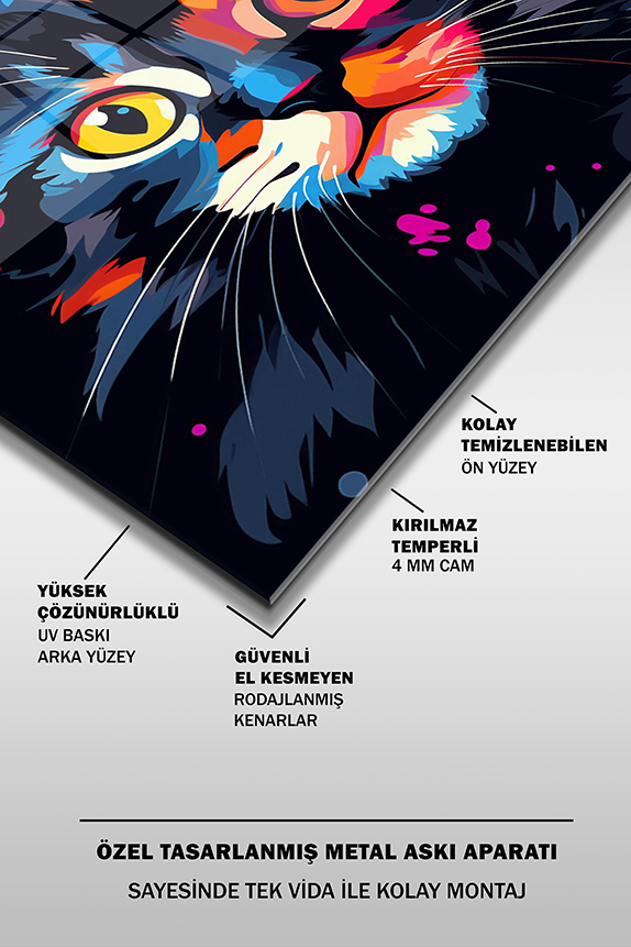 Pop%20Art%20Renkli%20Kedi%20Portre%203%20Kare%20Cam%20Tablo