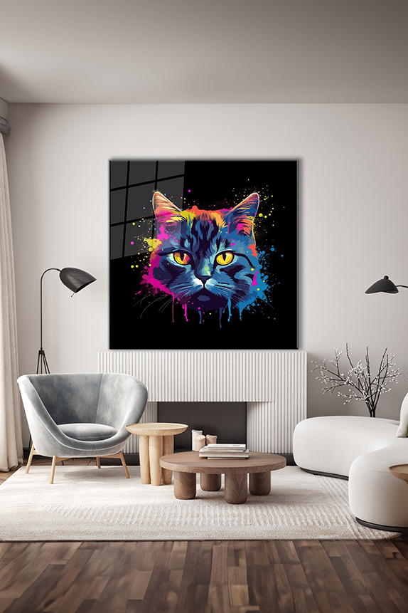 Pop%20Art%20Renkli%20Kedi%20Portre%204%20Kare%20Cam%20Tablo