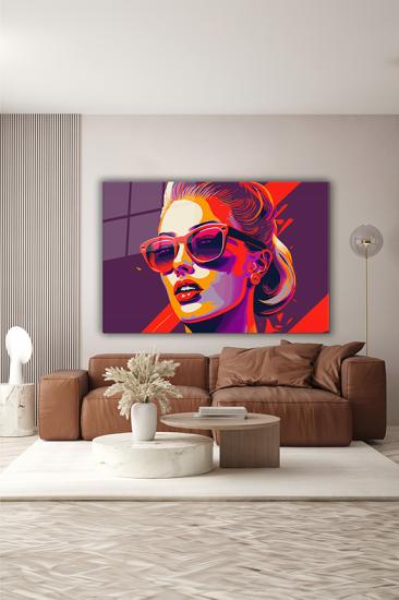 Güneş Gözlüklü Kadın Pop Art Portre Yatay Cam Tablo