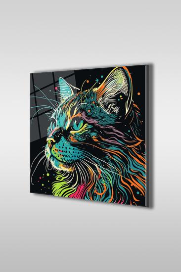 Pop Art Renkli Kedi Portre Kare Cam Tablo