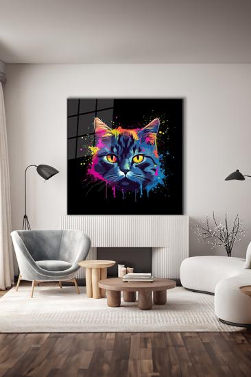 Pop Art Renkli Kedi Portre 4 Kare Cam Tablo