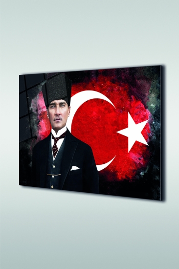 Atatürk ve Türk Bayrağı 2 Yatay Cam Tablo