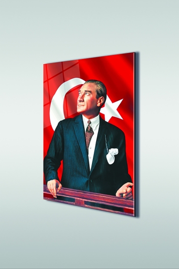 Atatürk ve Türk Bayrağı Dikey Cam Tablo